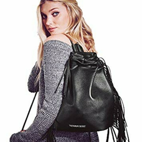 Victoria's Secret Handbags - VS Black Faux Leather Fringe Backpack